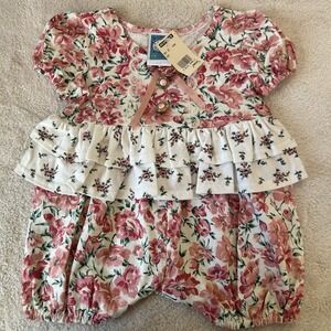 Vintage Jenna B. Girl 12mo Bubble Romper Floral Ruffle Cottagecore 90s Mervyns